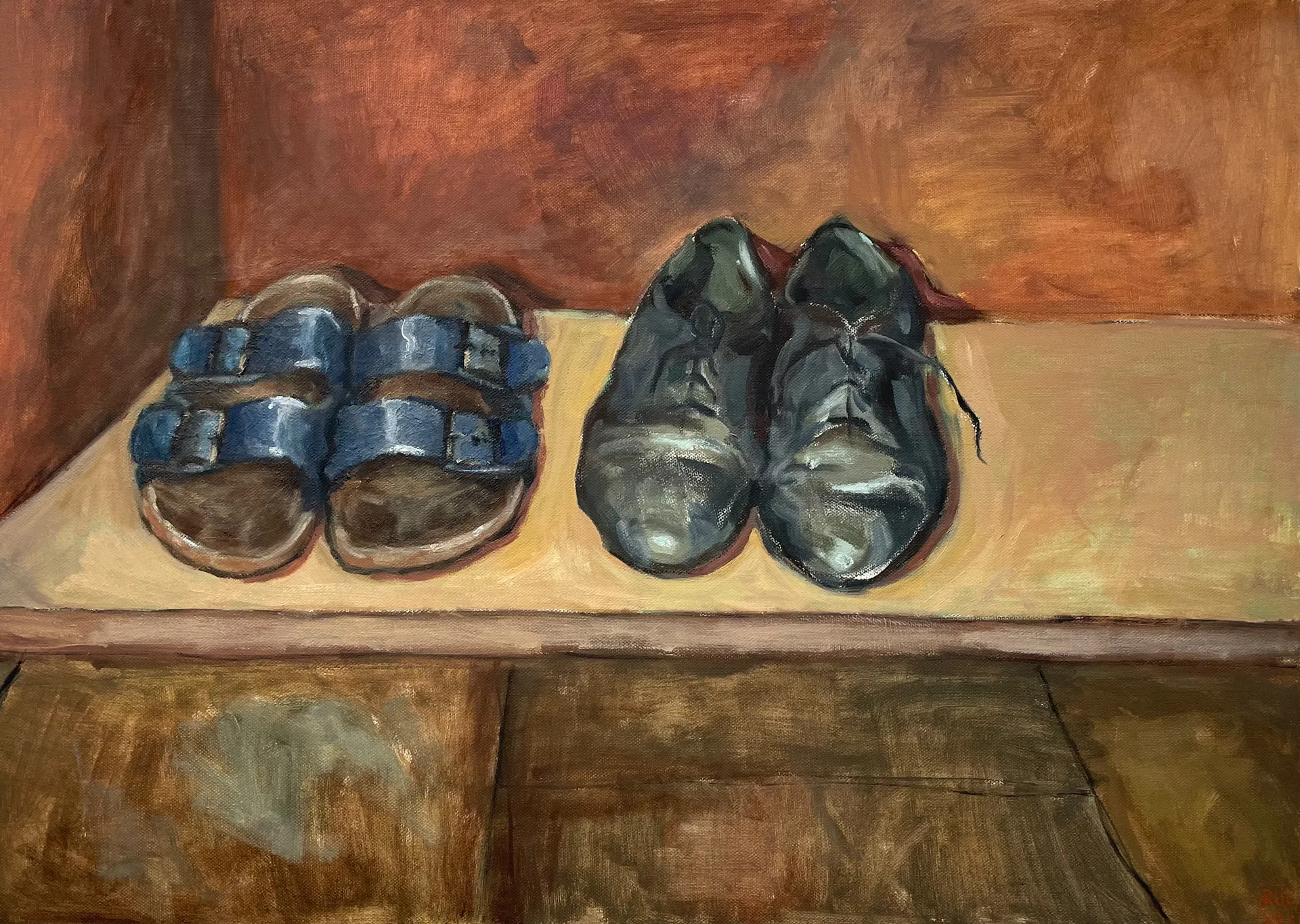Acrylbild 2 Paar Schuhe auf einem Holzbrett.